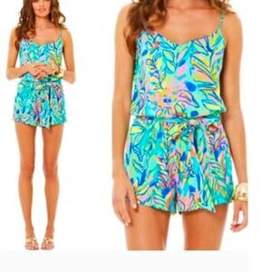 Lilly Pulitzer Sz. S DEANA Silky Romper Jumpsuit in Neon HOT SPOT EUC
